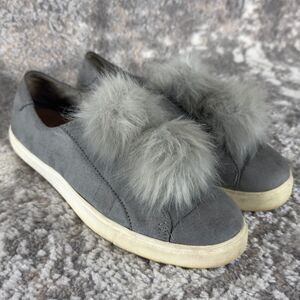 Steve Madden Size 8M Faux Fur Suede Pom Pom Puff Ball Gray Sneakers Pull On